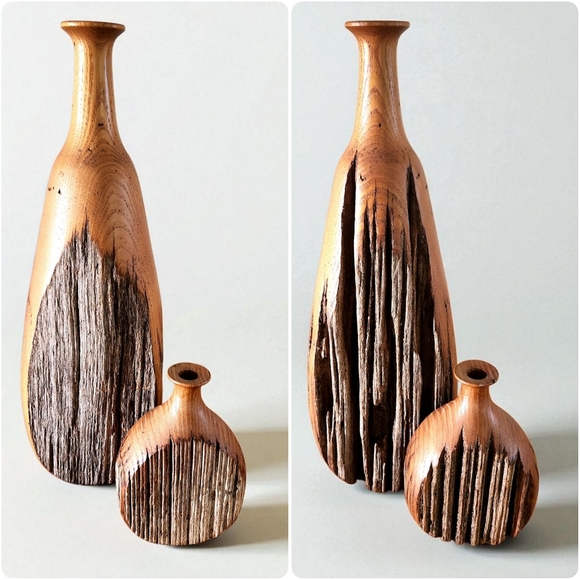 Turned Wood Live Edge Dry Vase Set Of Two Primitive 16.5 Inch 6.5 Inch  USA - Picture 1 of 14